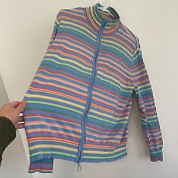 VINTAGE SAG HARBOR Blue Pink Yellow Rainbow Stripe Full Zip Sweatshirt / Sweater - Picture 9 of 11
